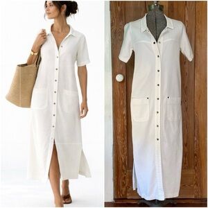 Vntg 80s Ezze Wear White Corduroy Button Front Midi Dress Pockets Sz S💛